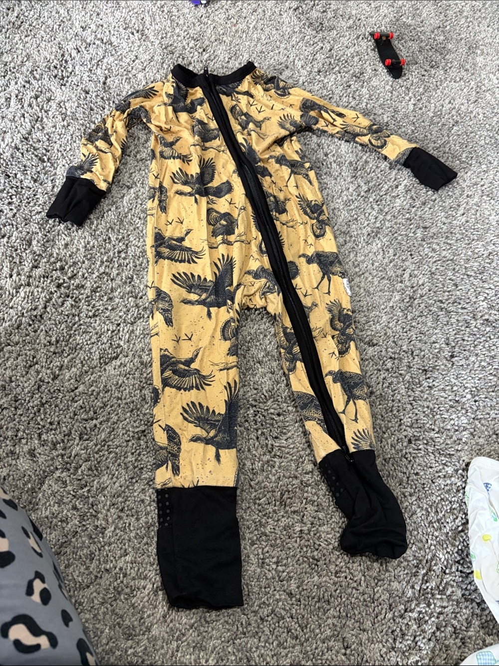 Kids Long Sleeve One-Piece Zipper Pajamas in Mustard with Bird Print